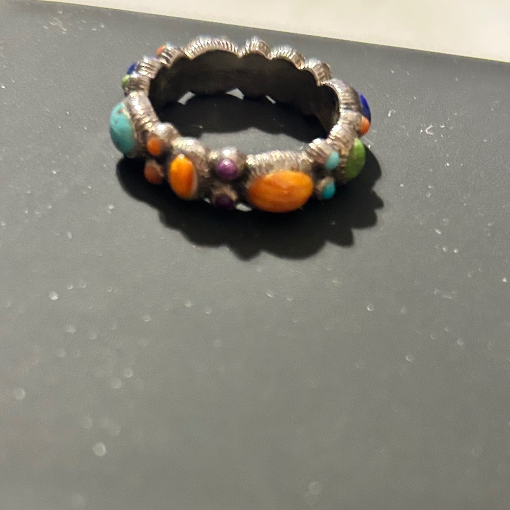 925 Sterling Silver Multi Color Cabochon Gemstone Bohemian Statement Ring Sz 8 - Picture 6 of 6